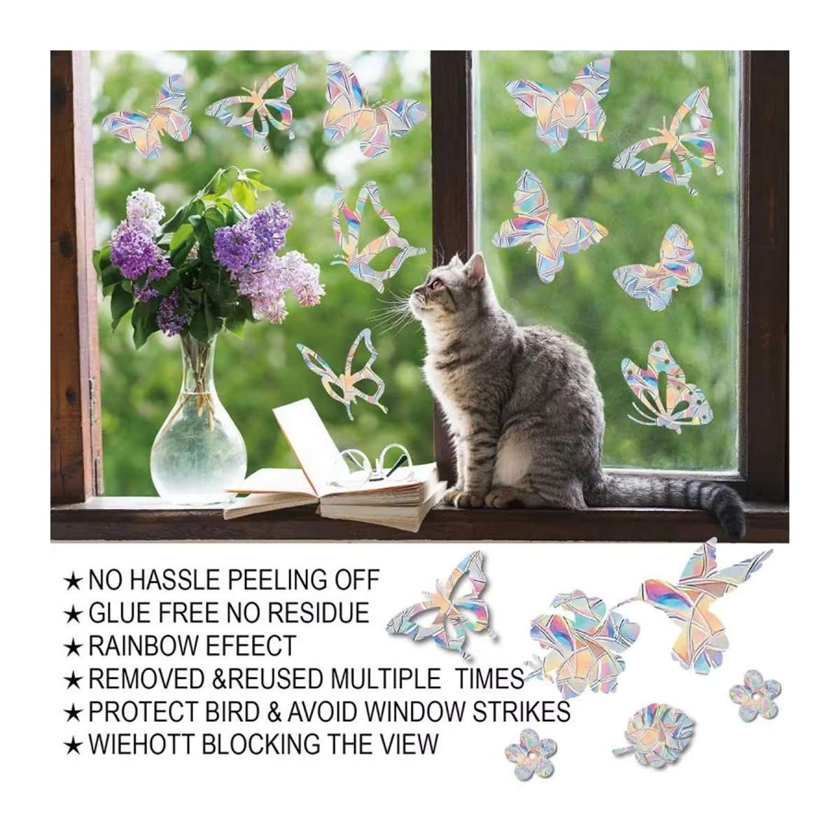 ZQNYCY Regenbogen Sonnenfänger Fensteraufkleber mit Katze und Schmetterling aus Kunststoff, Mehrfarbig und Beige, Selbstklebender Prisma Glas Wandaufkleber für Kinder Schlafzimmer Dekoration - Bild 5