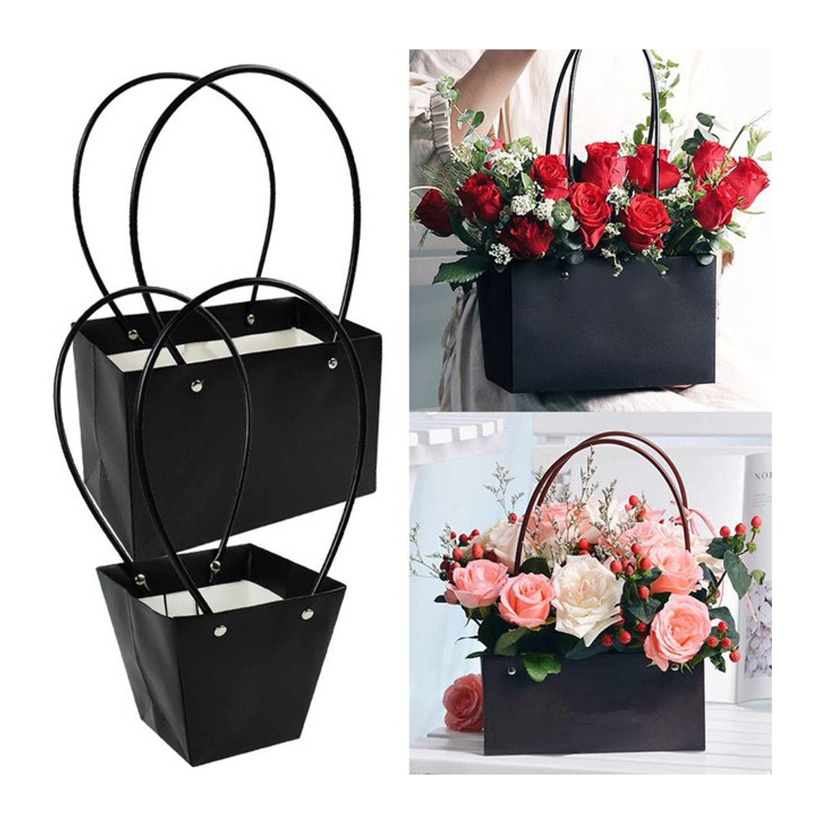 ZQNYCY Tragbarer Blumenkasten aus wasserdichtem Papier in Schwarz, Rechteckige Geschenkbox für Hochzeit und Geburtstag - Bild 1