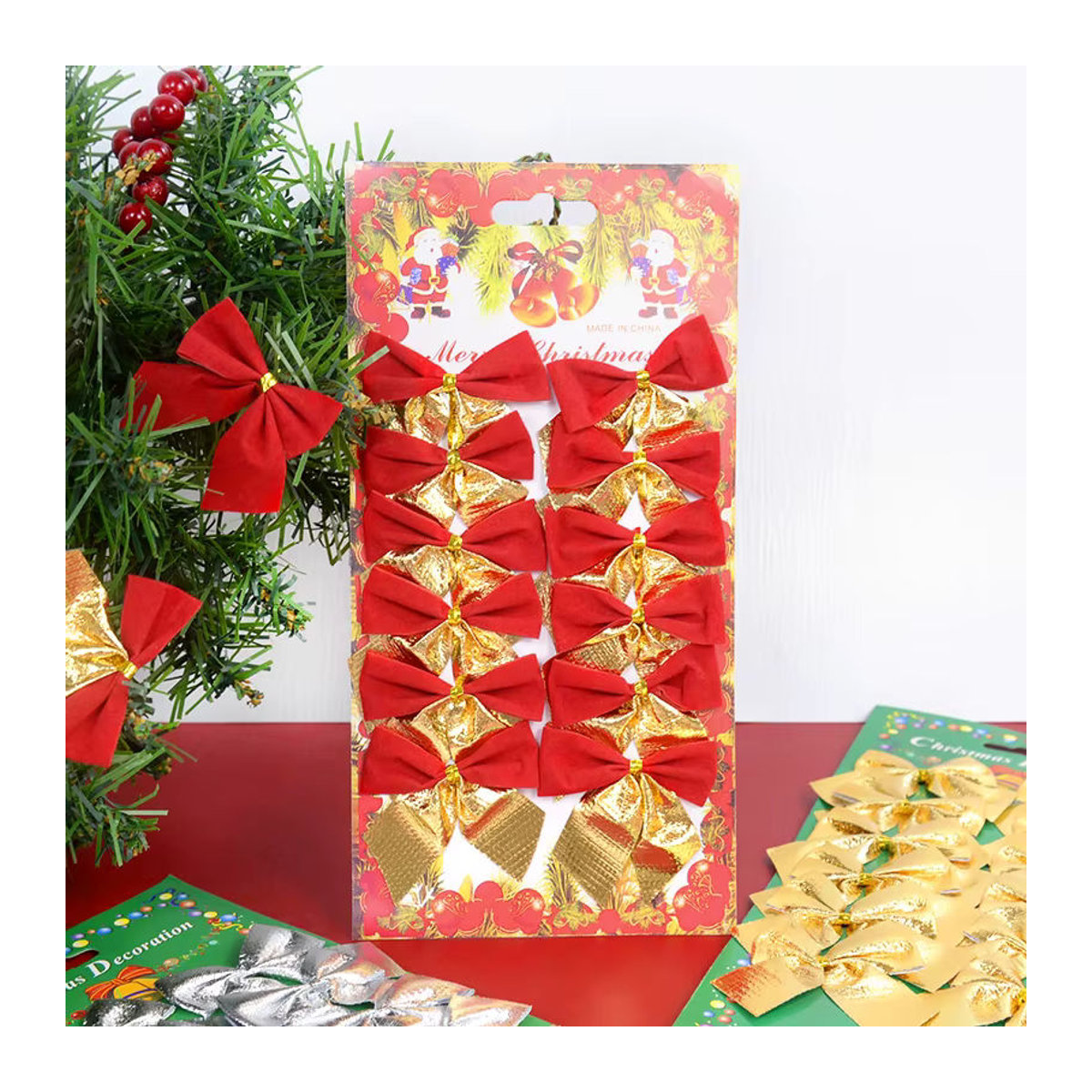 ZQNYCY Weihnachtsbaum Hängeornamente aus Textil in Rot und Gold, 12 oder 24 Stück dekorative Schleifen für Weihnachten und Neujahr - Bild 2