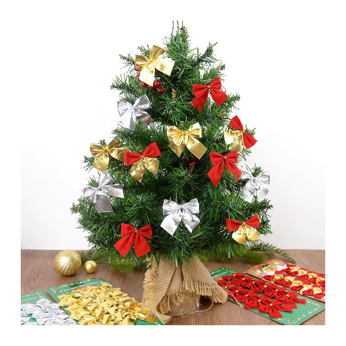 ZQNYCY Weihnachtsbaum Hängeornamente aus Textil in Rot und Gold, 12 oder 24 Stück dekorative Schleifen für Weihnachten und Neujahr - Bild 3