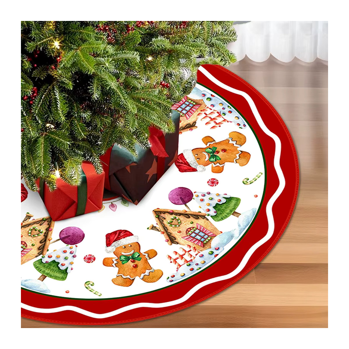 ZQNYCY Weihnachtsbaumrock mit Lebkuchenmann und Elch Motiv, Rot, Durchmesser: 90 cm - Bild 3