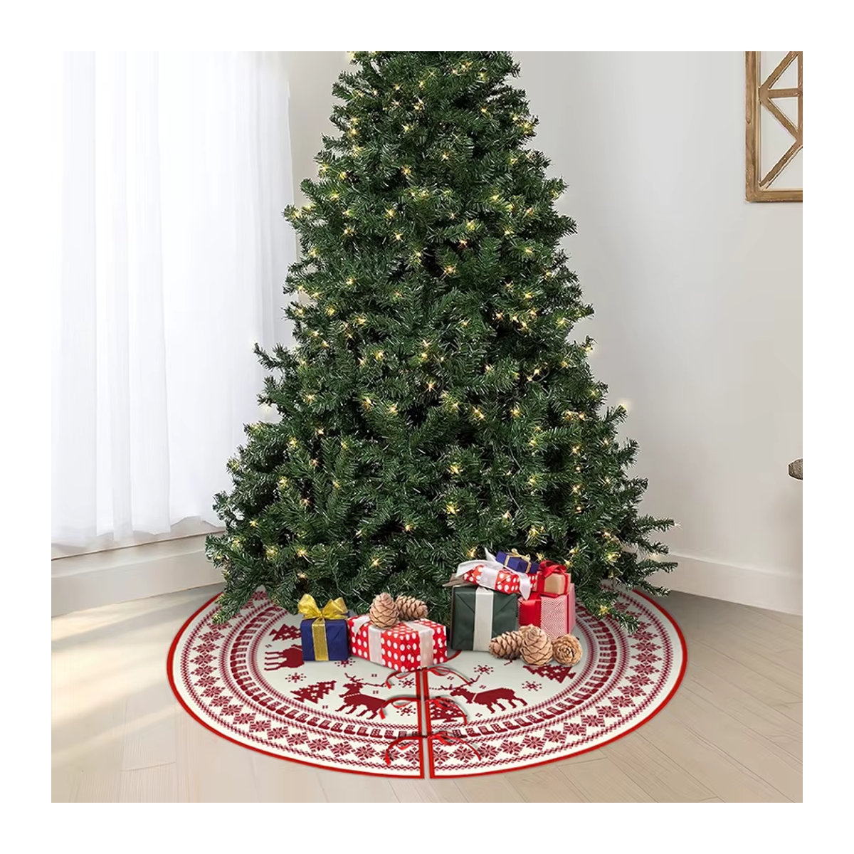 ZQNYCY Weihnachtsbaumrock mit Lebkuchenmann und Elch Motiv, Rot, Durchmesser: 90 cm - Bild 5