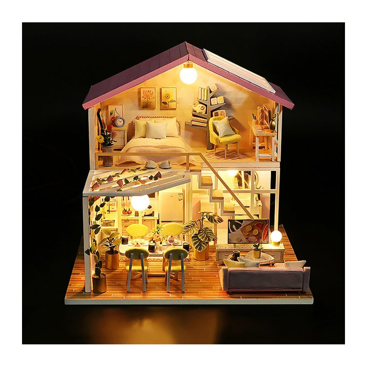 Zuuton 3D Holz Miniatur Puppenhaus Montage Modell mit LED-Lichtern und Möbeln, mehrfarbig - Bild 1
