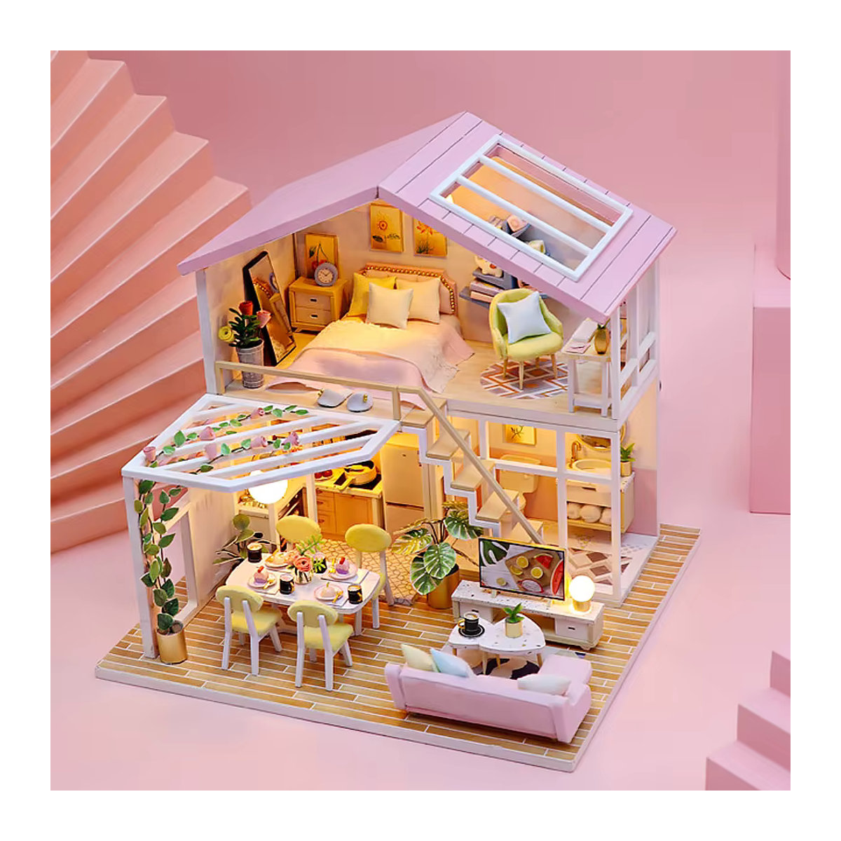Zuuton 3D Holz Miniatur Puppenhaus Montage Modell mit LED-Lichtern und Möbeln, mehrfarbig - Bild 2