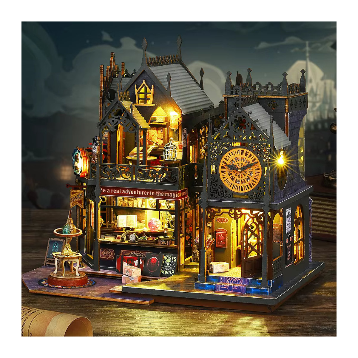 Zuuton Retro Magic City DIY Holzpuppenhaus Bausatz mit Möbeln und LED-Leuchten, Mehrfarbig - Bild 2