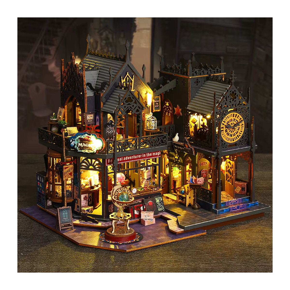 Zuuton Retro Magic City DIY Holzpuppenhaus Bausatz mit Möbeln und LED-Leuchten, Mehrfarbig - Bild 4