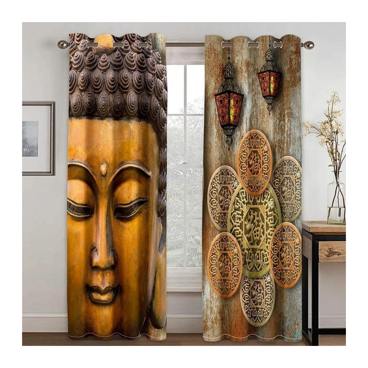 Zwei transparente Voile-Gardinen mit Buddha- und Lotus-Motiv aus Polyester, Set aus 2 Stück, Breite: 100 cm, Höhe: 130 cm - Bild 1