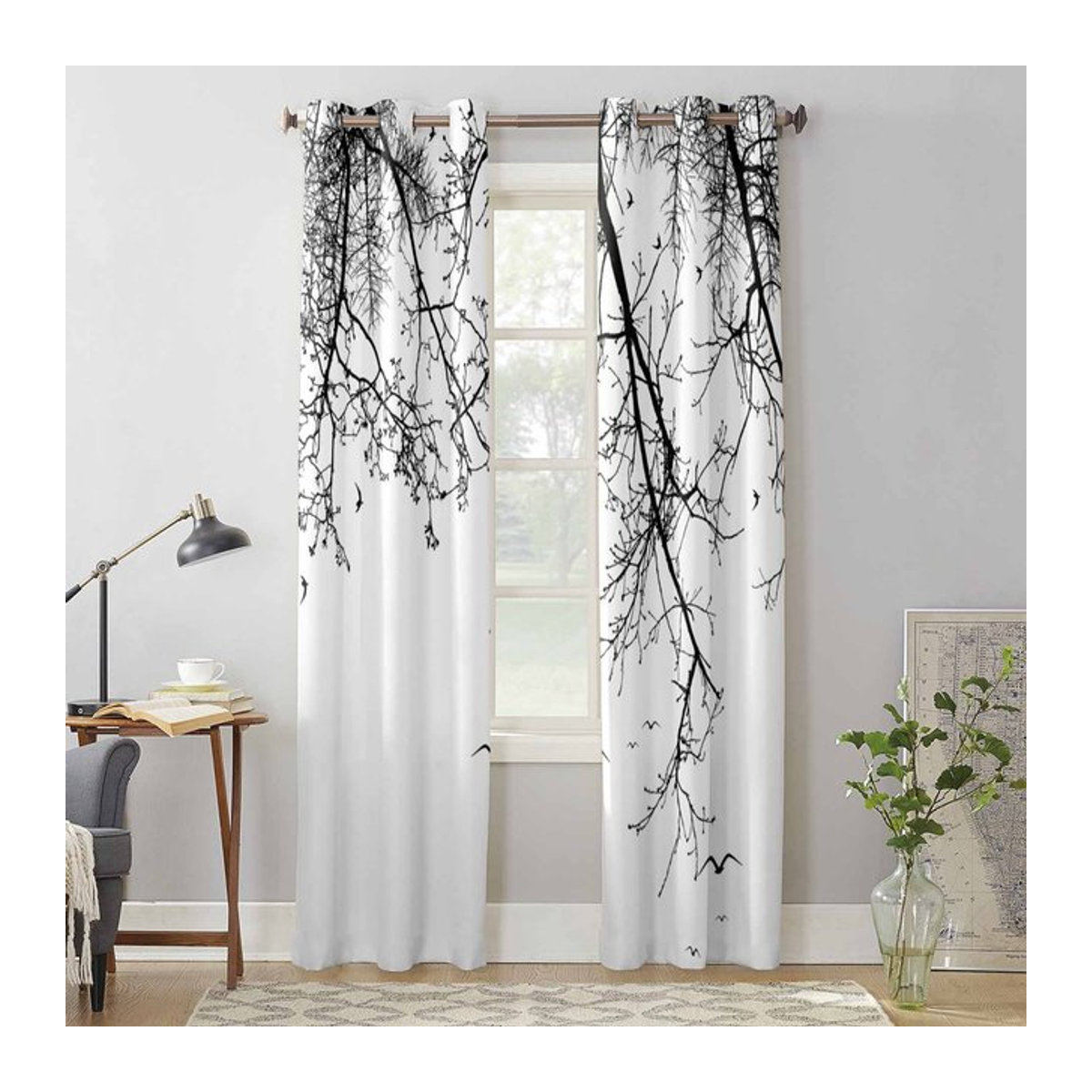 Zweierpack halbtransparente Fenstervorhänge mit Zweigen, Vögeln und Tieren für Wohnzimmer, Schlafzimmer oder Küche, Breite: 100 cm, Höhe: 160 cm - Bild 1