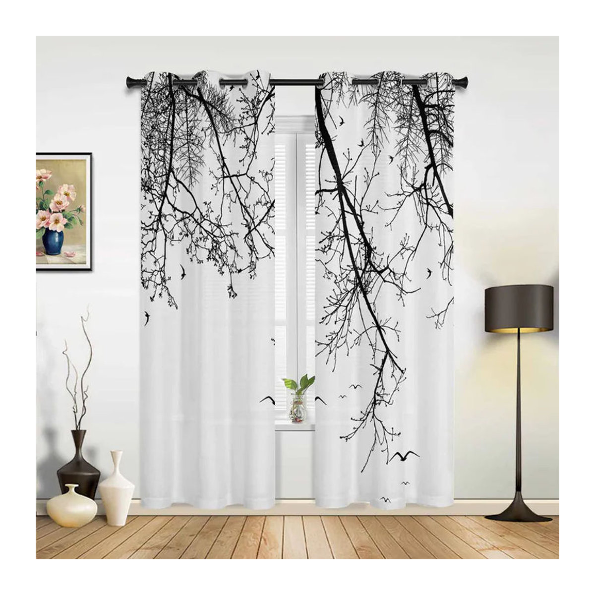 Zweierpack halbtransparente Fenstervorhänge mit Zweigen, Vögeln und Tieren für Wohnzimmer, Schlafzimmer oder Küche, Breite: 100 cm, Höhe: 160 cm - Bild 2