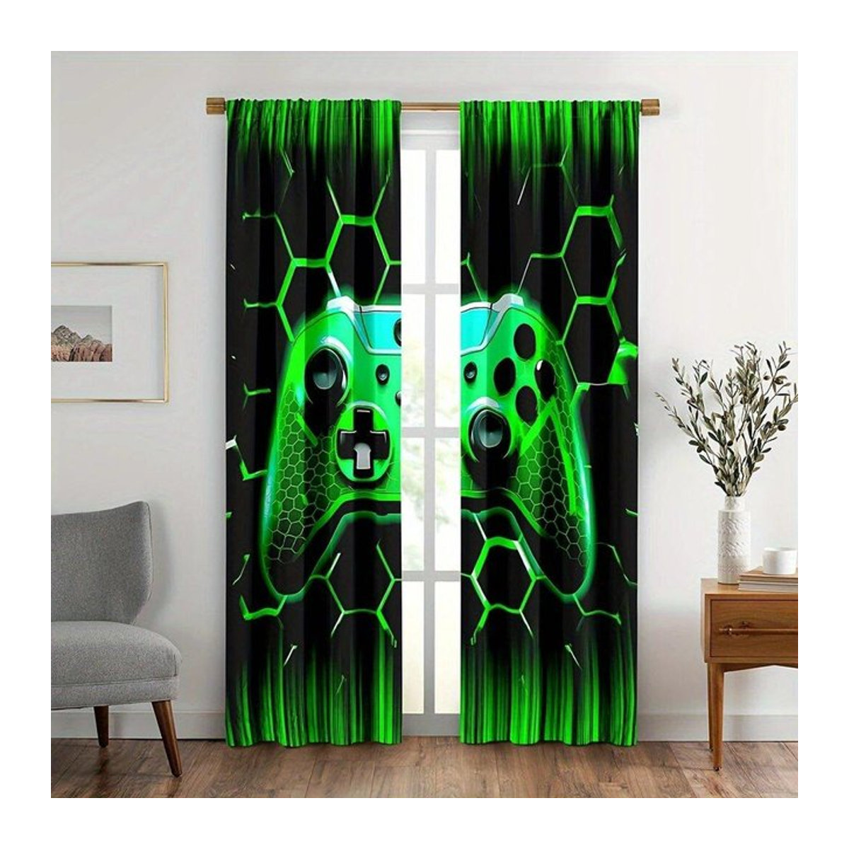 Zweifarbig bedruckte Vorhänge mit Spiele-Controller-Design in Schwarz und Fluoreszierend Grün aus Polyester, B: 100 cm, H: 70 cm, 2er-Set inklusive Haken - Bild 1