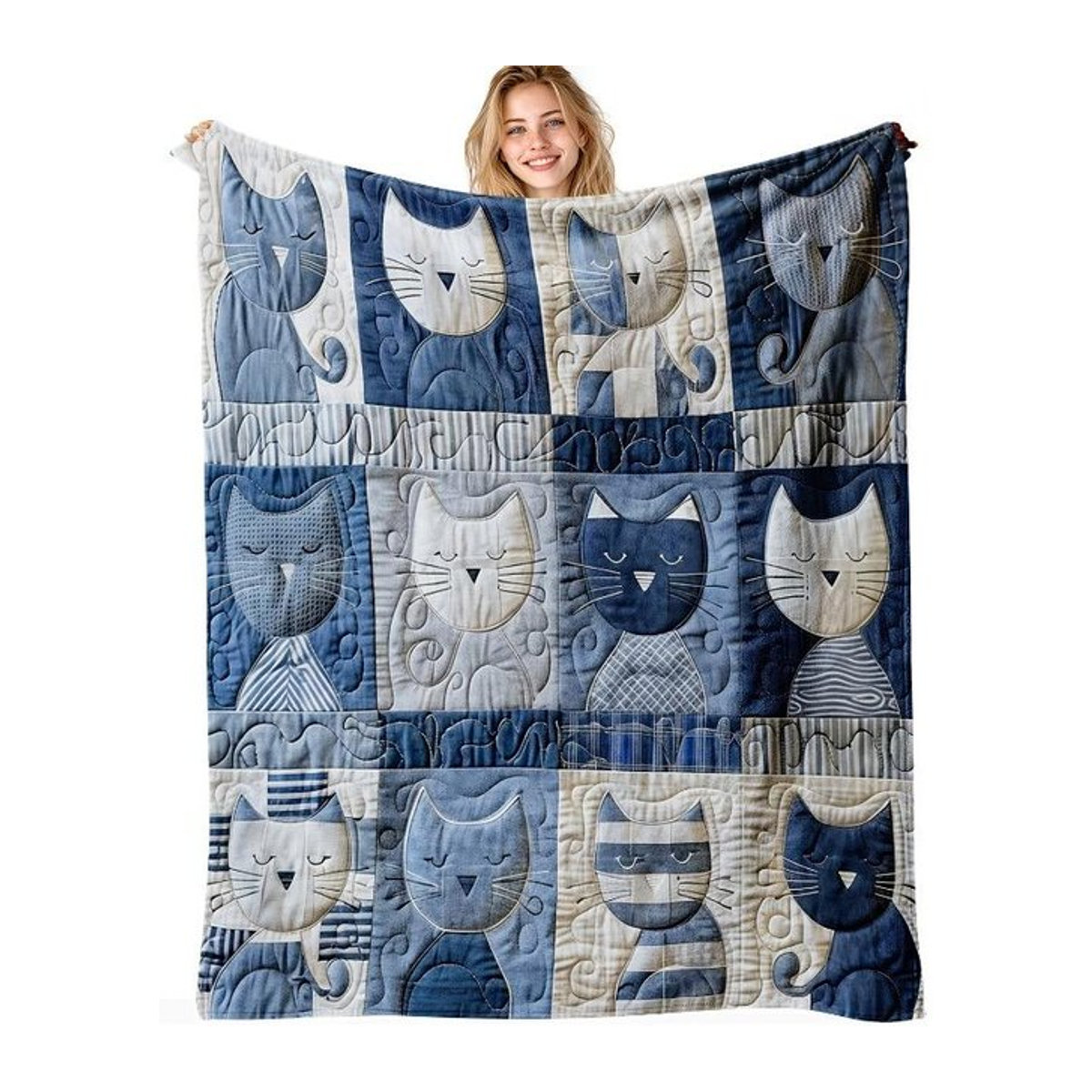 ZX Blanket Patchworkdecke mit Katzen-Motiv in Blau und Weiß aus weichem Flanell, B/T: 76,2 x 101,6 cm - Bild 1