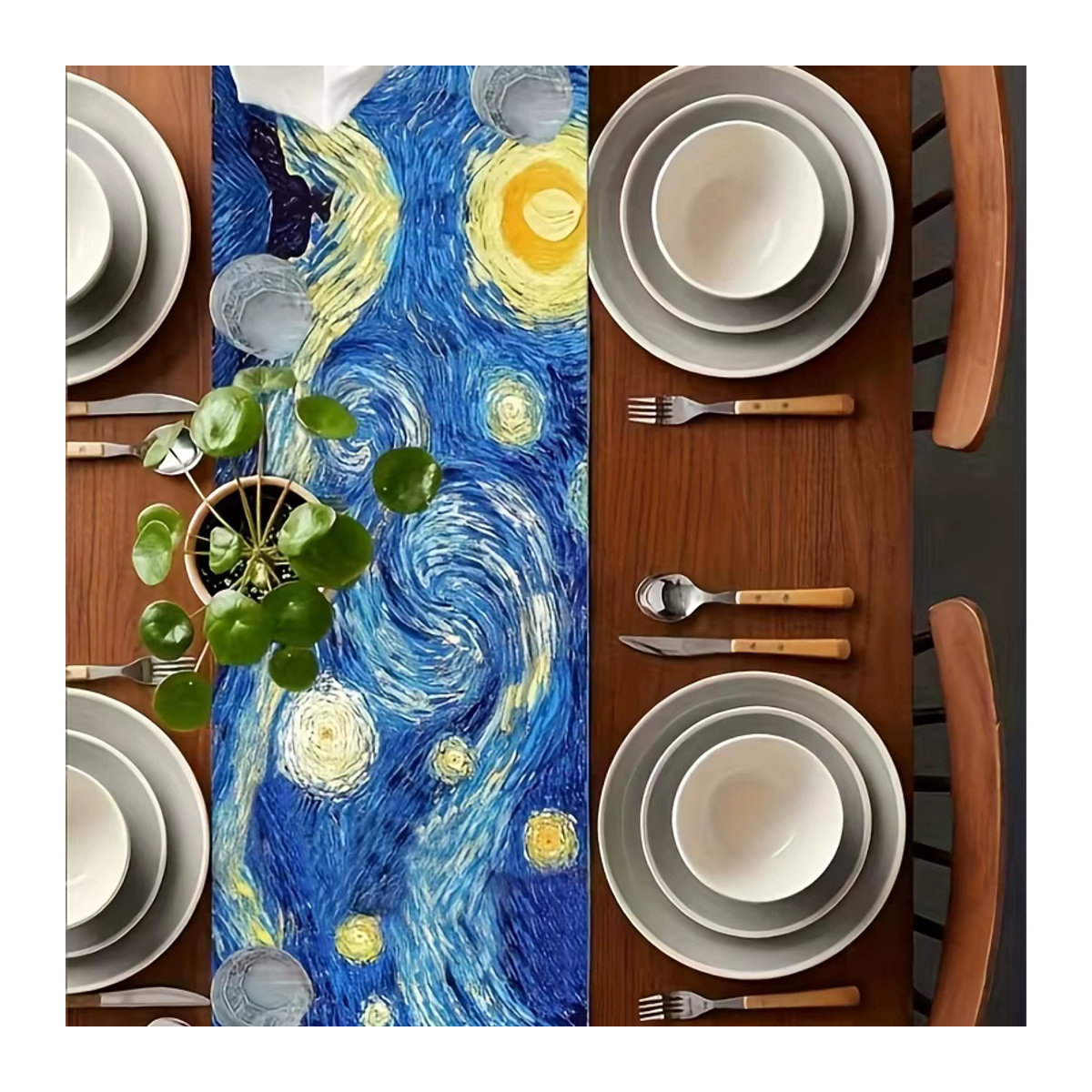 ZZN Tischläufer aus Leinen mit Van Gogh Sternennacht Motiv in Blau - Bild 3